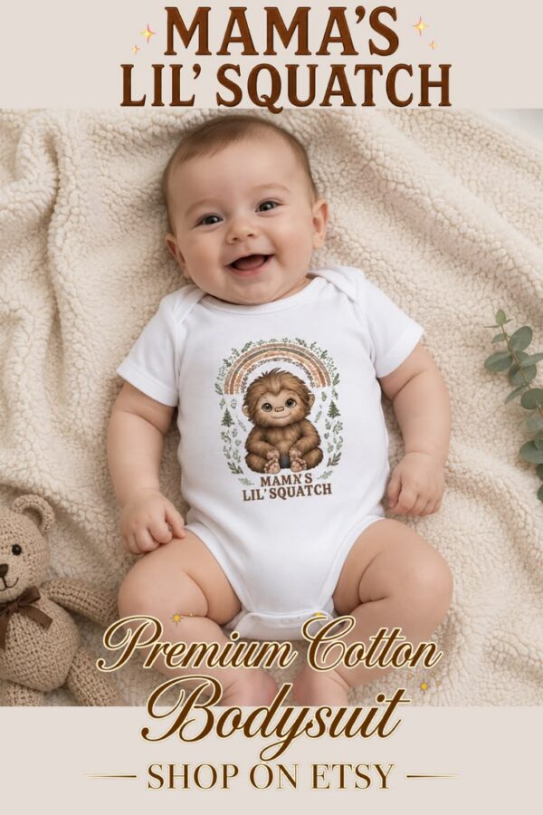 Cute Boho Baby Bigfoot Bodysuit | Mamas Lil Squatch Infant Onesie® |  Neutral Earth Tone Woodland Baby Shower Gift