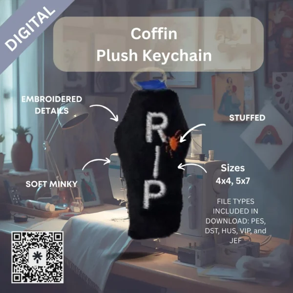Coffin “RIP” Keychain – ITH Machine Embroidery Design File