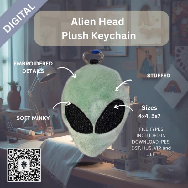 Alien Head Plush Keychain – Digital Machine Embroidery Design (ITH File)