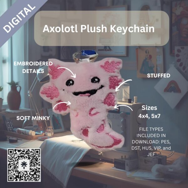 ITH Axolotl Plush Keychain – Digital Machine Embroidery File (ITH Pattern)