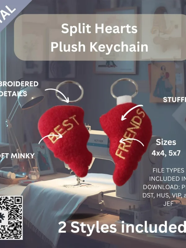 Split Heart Plush Keychain – ITH Machine Embroidery Design File