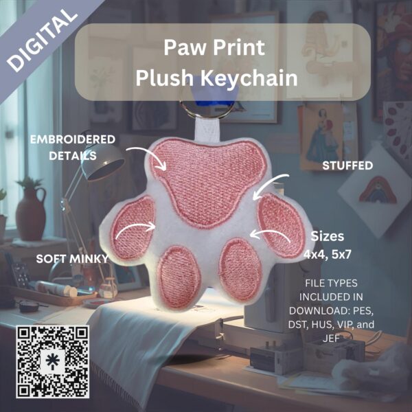 Paw Print Plush Keychain – ITH Machine Embroidery Design File