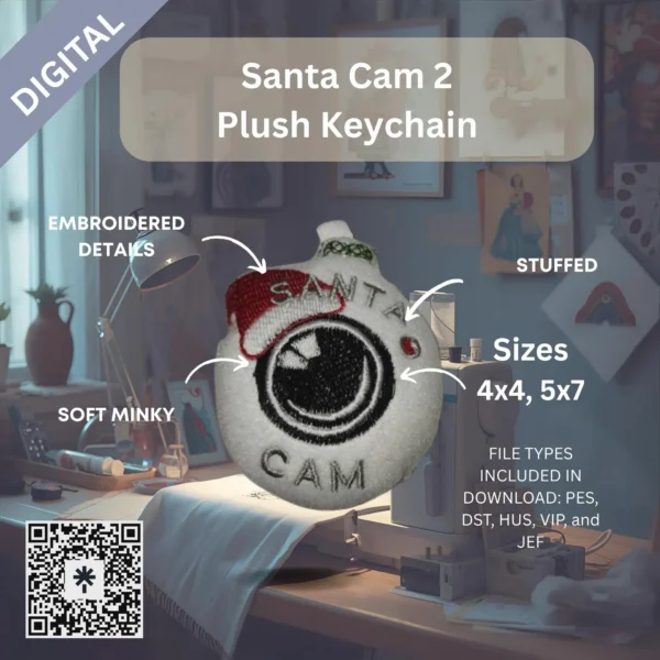 Santa Hat Cam Plush ITH Embroidery Design File – In-The-Hoop Holiday Keychain/Ornament