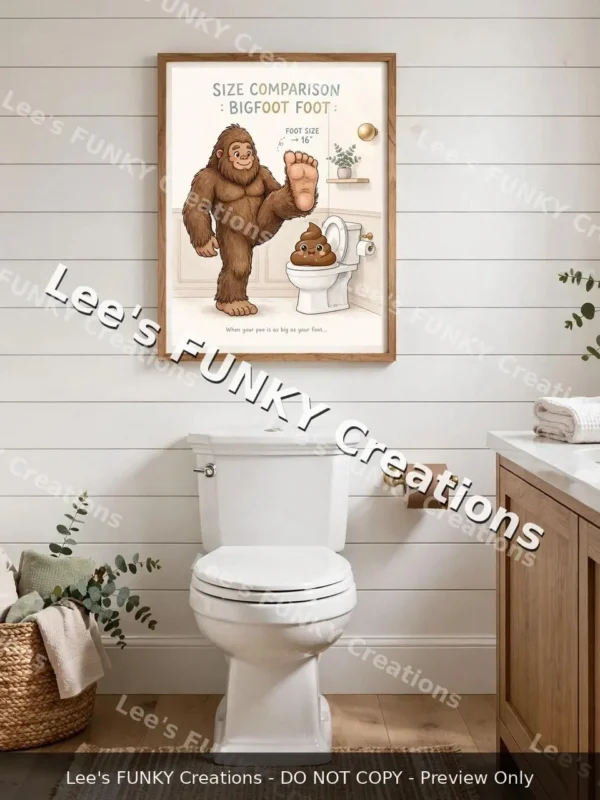 Bigfoot Bathroom Wall Art | Big Foot Big Poo Size Comparison | Funny Sasquatch Toilet Humor Print | Digital Download