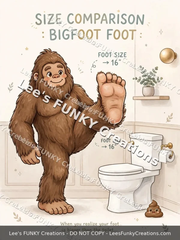 Bigfoot Bathroom Wall Art | Big Foot Big Poo Size Comparison | Funny Sasquatch Toilet Humor Print | Digital Download