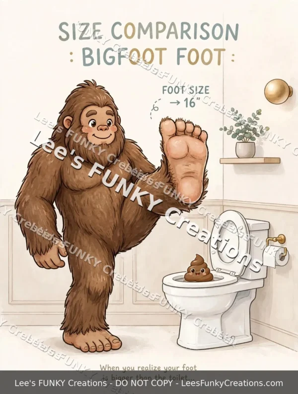 Bigfoot Bathroom Wall Art | Big Foot Big Poo Size Comparison | Funny Sasquatch Toilet Humor Print | Digital Download