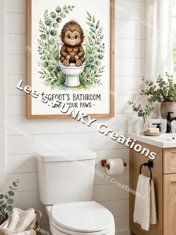 Baby Bigfoot Bathroom Wall Art | Sasquatch Wash Your Paws Print | Cute Bigfoot Toilet Decor | Farmhouse Bathroom | Digital Download