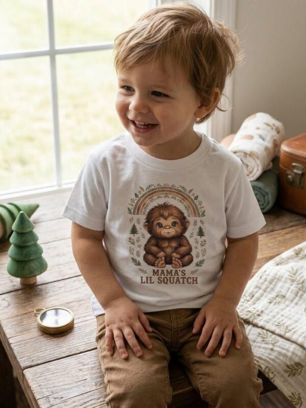 Cute Boho Toddler Bigfoot Shirt | Mamas Lil Squatch Kids T-Shirt | Natural Earth Tone Woodland Baby Shower Gift