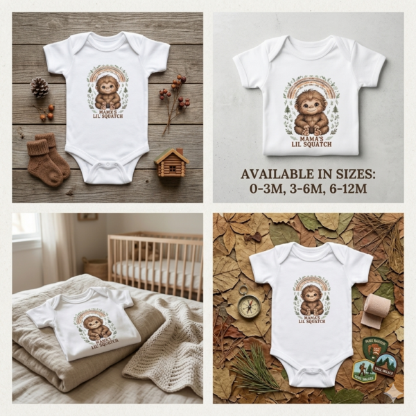 Cute Boho Baby Bigfoot Bodysuit | Mamas Lil Squatch Infant Onesie® |  Neutral Earth Tone Woodland Baby Shower Gift